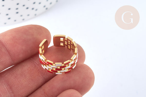 EP-Bague réglable maille croisée acier inoxydable doré émail blanc et rouge Taille 54, x1 (G7007)