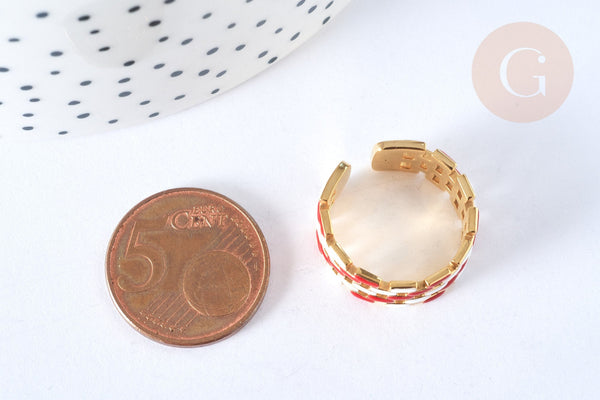 EP-Bague réglable maille croisée acier inoxydable doré émail blanc et rouge Taille 54, x1 (G7007)