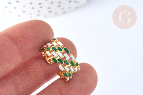 EP-Bague réglable maille croisée acier inoxydable doré émail blanc et vert Taille 54, x1 (G7001)