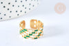 EP-Bague réglable maille croisée acier inoxydable doré émail blanc et vert Taille 54, x1 (G7001)