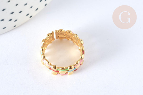 EP-Bague réglable maille croisée acier inoxydable doré émail multicolore Taille 54, x1 (G7005)