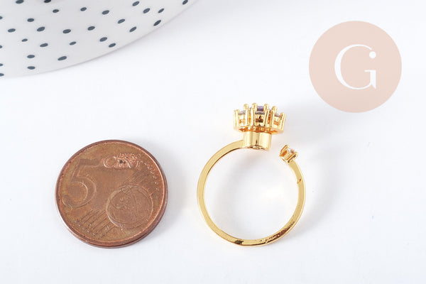 EP Bague rotative réglable laiton doré zircons blancs et violets 18.5mm, x1 (G8889)