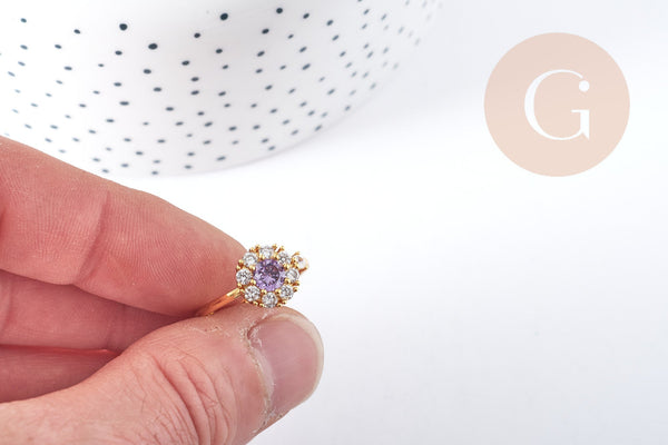 EP Bague rotative réglable laiton doré zircons blancs et violets 18.5mm, x1 (G8889)