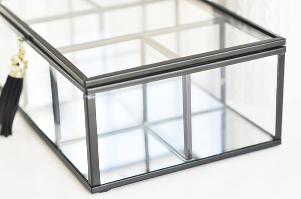 EP Boite à bijoux en verre métal noir rectangle,rangement bijoux, boite verre vintage décoration minimaliste, boîte verre, 18cm,G4886