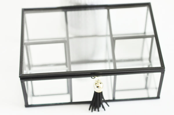 EP Boite à bijoux en verre métal noir rectangle,rangement bijoux, boite verre vintage décoration minimaliste, boîte verre, 18cm,G4886