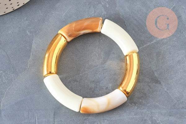 EP-Bracelet jonc élastiqué résine beige et or imitation pierre 50mm, x1 (G6927)