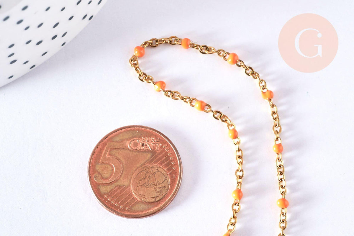 Bracelet ou collier acier doré 14k résine orange 1.5mm-20.5cm, x1 (G3709)