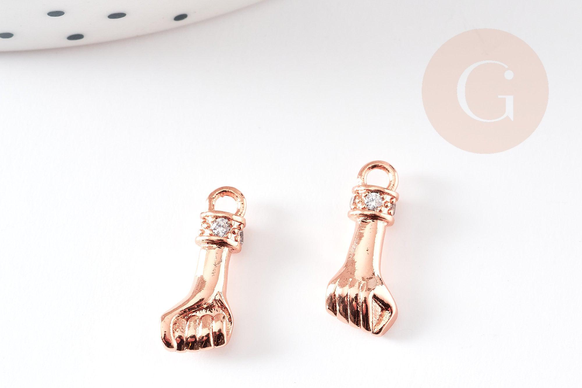 EP-Breloque main poing laiton or rose 18k cristal zircon, x1 G4470