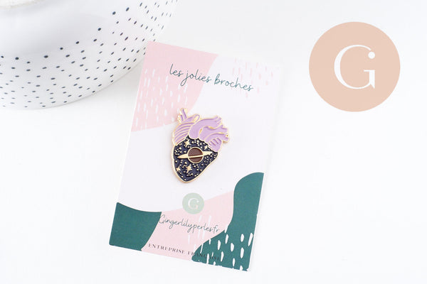 EP-Broche coeur noir violet mystique doré émail noir 29.5mm, x1 (G6377)