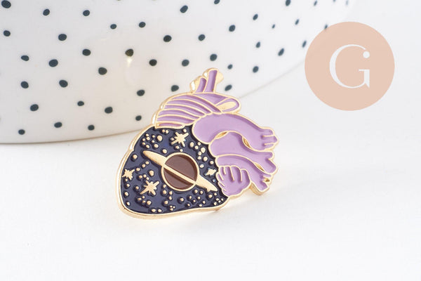 EP-Broche coeur noir violet mystique doré émail noir 29.5mm, x1 (G6377)