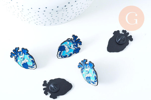 EP-Broche coeur vague océan mystique doré émail noir 33x23mm, x1 (G6382)