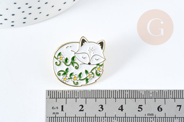 EP-Broche pins renard motif végétal doré émail blanc 26mm, x1 (G8497)