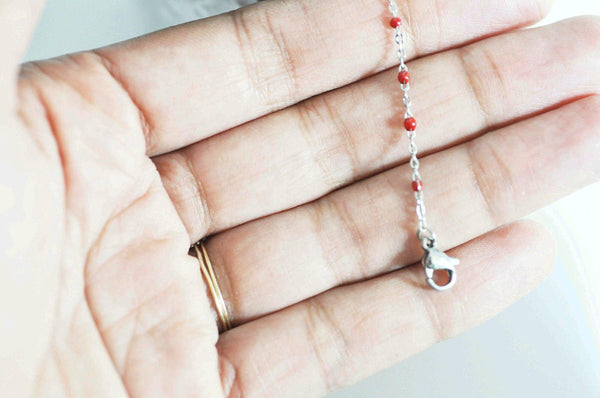 EP Chaine acier argenté résine rouge,chaine collier, création bijoux,chaine fantaisie,chaine sans nickel, chaine complète,2mm,45cm,G2398