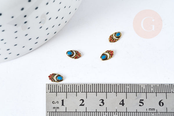 EP-Charm à coller ovale zamac bronze émail bleu et rouge 8mm, x5 (G8568)