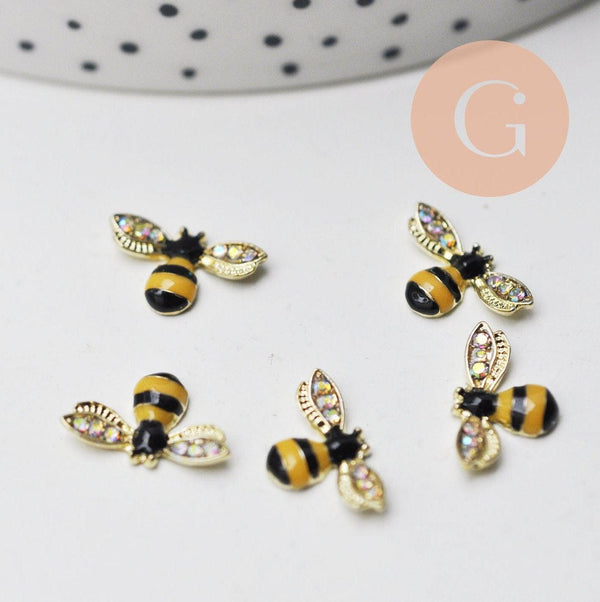 EP-Charm à coller zamac doré abeille émaillée 13.5mm, x 5 (G4752)