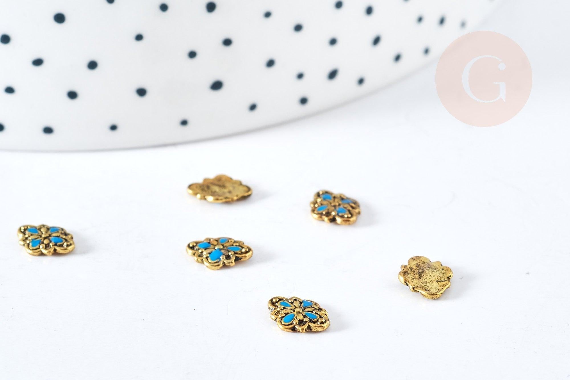 Charm à coller zamac fleur bronze émail bleu 7.5mm, x5 (G8526)