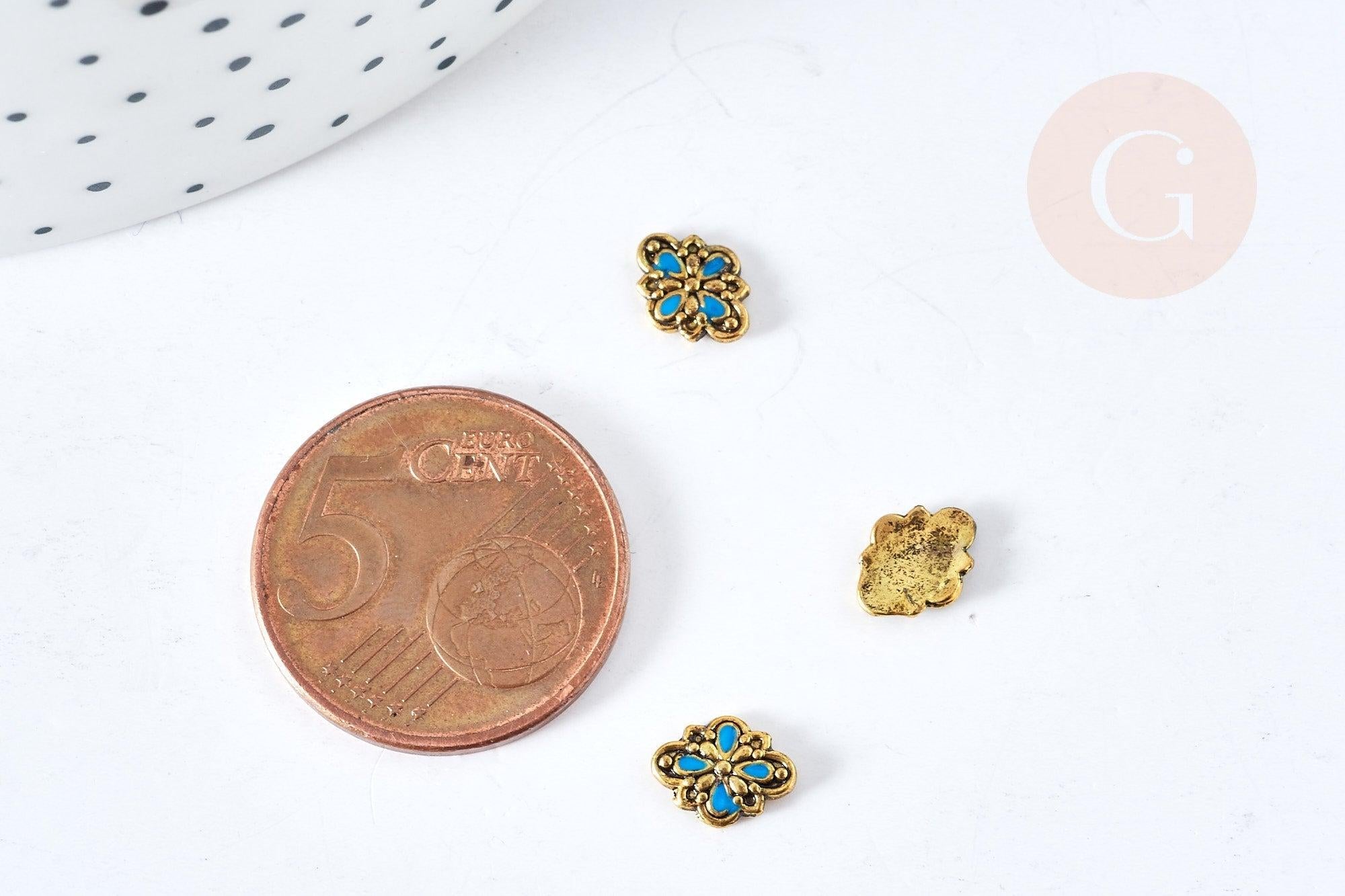 Charm à coller zamac fleur bronze émail bleu 7.5mm, x5 (G8526)