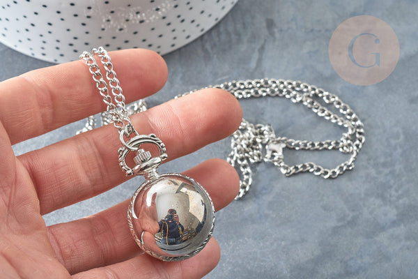 EP Collier Pendentif montre de poche rétro zamac platine 36mm, x1 G7854
