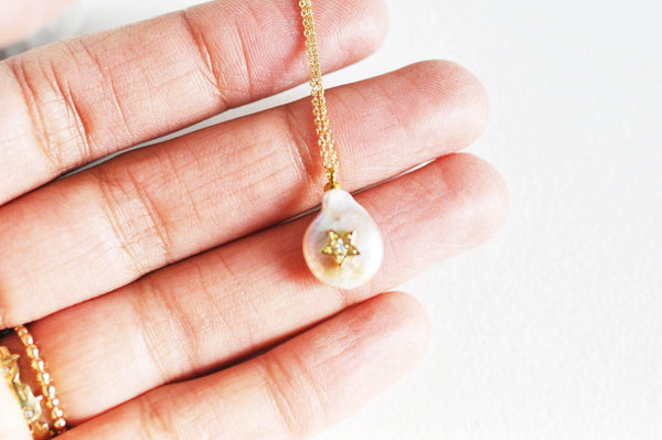 EP Collier chaine acier dorée 14k perle étoile, chaine fantaisie,collier sans nickel,perle naturelle, acier doré,chaine complète,2mm,42cm,G3421