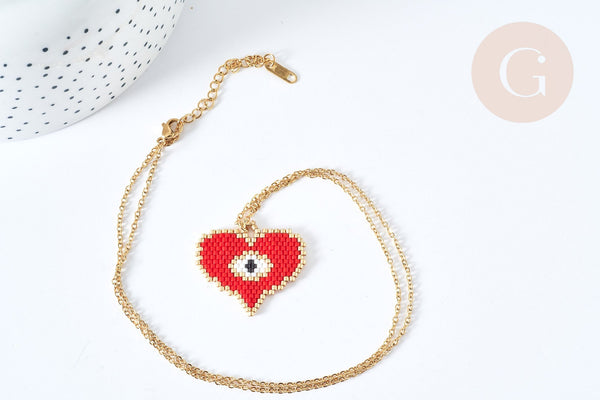 EP-Collier sautoir pendentif tissage coeur oeil protecteur perle de rocailles acier doré 50cm, cadeau pour femme, x1 G7687