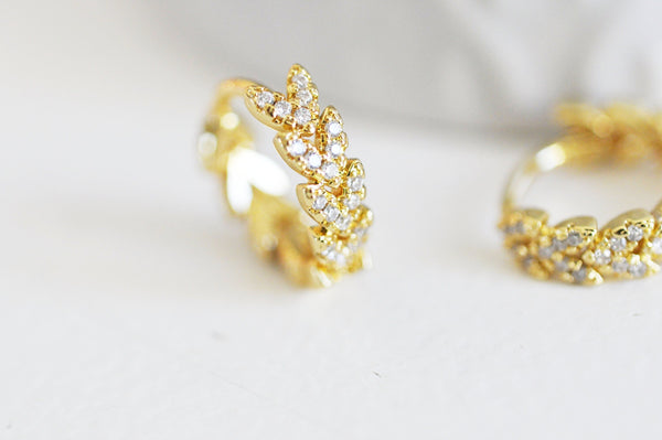 EP Créoles laiton doré 18k Feuille zircon cristal blanc bijoux doré, oreille percée, cadeau anniversaire,paire boucles cristal, 13.5mm,G3150