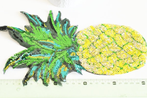 EP -Ecusson brodé à repasser ananas jaune vert doré customisation vêtement, écusson thermocollant fruit,patch écusson brodé,28cm, x1,G2863