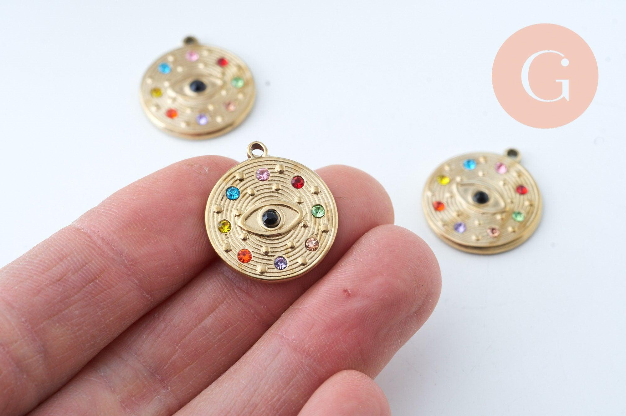EP NPR Pendentif rond oeil acier doré inoxydable zircons multicolores 23mm, pendentif pour création de bijoux DIY, x1 G6035
