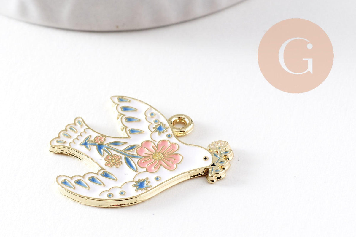 Pendentif Colombe blanc à fleurs zamac doré 26mm, x2 (G10041)