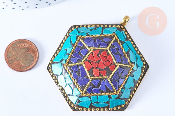 EP Pendentif Corne en laiton et pierres, pierre naturelle doré tibétain, x1 G8400