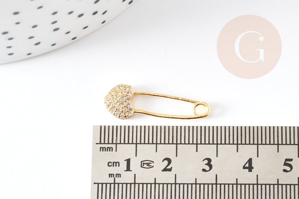EP-Pendentif Epingle à nourrice coeur laiton doré 18k cristal 26.5mm,x1 (G3094)