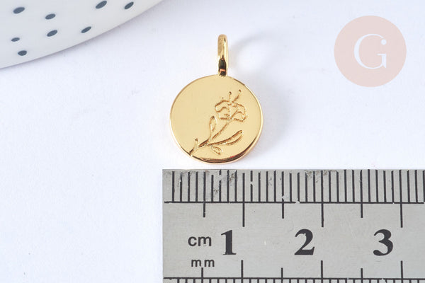 EP Pendentif Médaille ronde dorée laiton fleur gravée 17,5mm, médaille doréecréation bijoux, x1