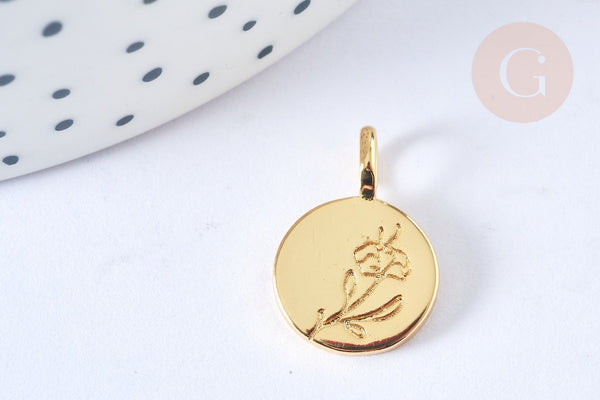 EP Pendentif Médaille ronde dorée laiton fleur gravée 17,5mm, médaille doréecréation bijoux, x1