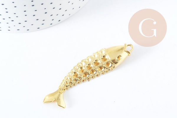 EP Pendentif Poisson Tibétain zamac doré à strasser 70mm, pendentif création bijoux x1 G8954