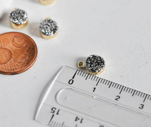 EP Pendentif agate druzy grise,fournitures créatives, agate naturelle,pendentif pierre, support doré, pierre naturelle,11mm