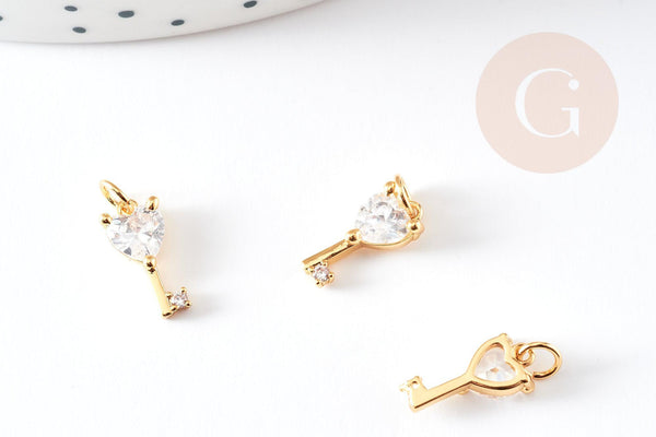 EP-Pendentif breloque clef laiton doré et zircon 10mm, x1 (G3834)