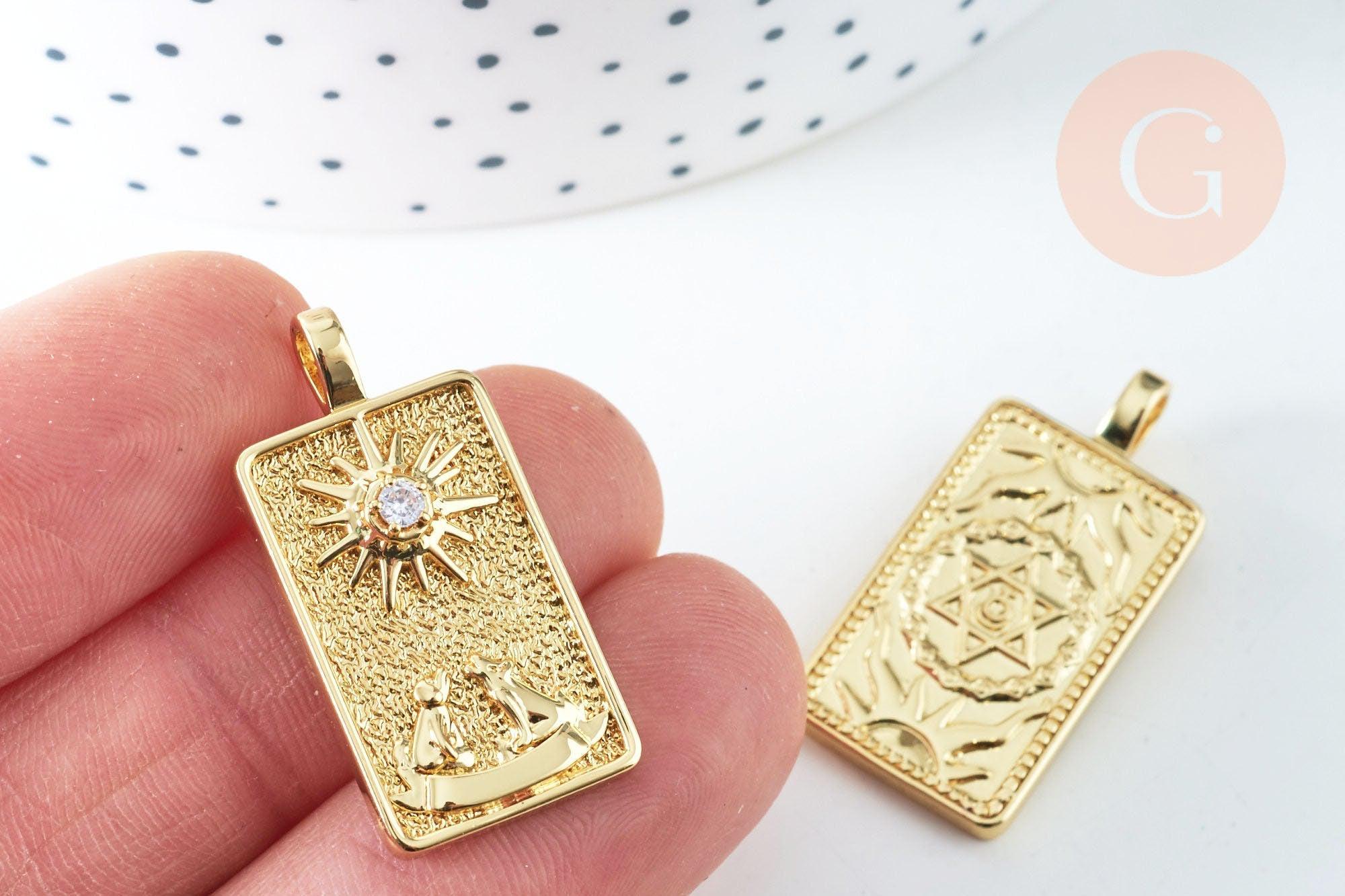 EP Pendentif carte de tarot de Marseille La Lune en laiton zircon 30mm x1 G6423