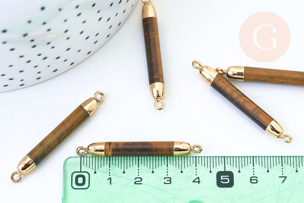 EP-Pendentif connecteur tube oeil de tigre doré 45mm, x1 G5508