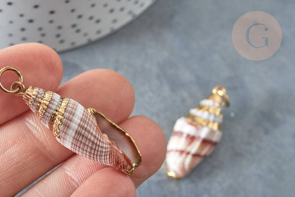 EP Pendentif coquillage marron spirale doré 30-50mm, Pendentif coquillage pour création bijoux x1 (G9256)