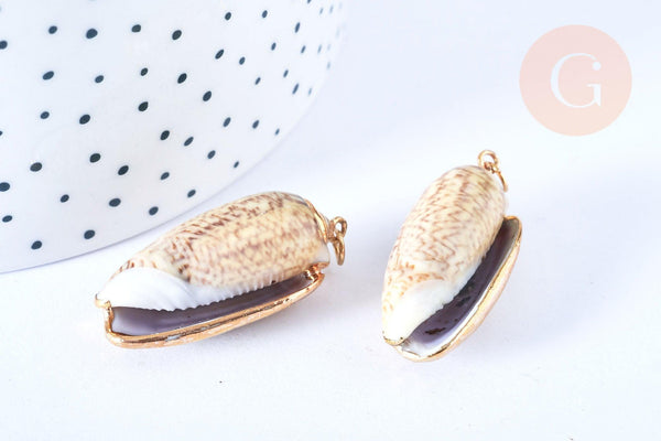 EP-Pendentif coquillage naturel spirale beige doré 31-36.5mm, pendentif création bijoux coquillage, x1 G7162
