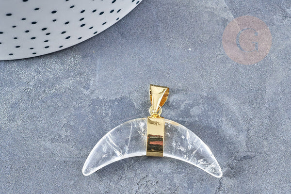 EP Pendentif croissant de lune Cristal de roche naturel support laiton doré 42mm, pierre naturelle x1 G8680