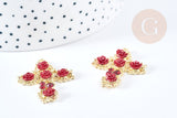 Pendentif croix roses rouge résine zamac doré 18k 37mm, x1 (G8558)