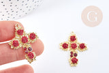 Pendentif croix roses rouge résine zamac doré 18k 37mm, x1 (G8558)