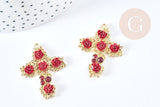 Pendentif croix roses rouge résine zamac doré 18k 37mm, x1 (G8558)