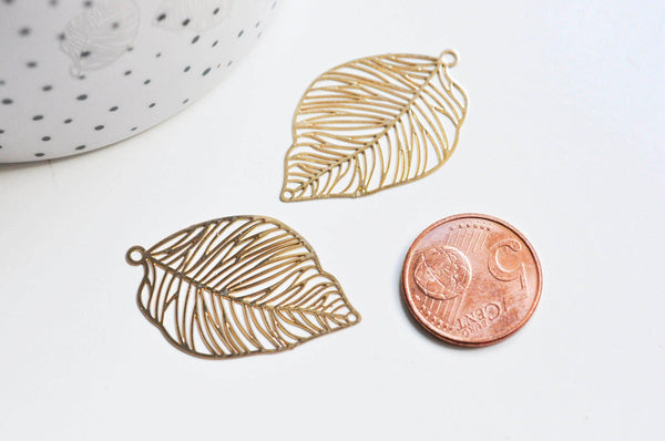 EP-Pendentif estampe filigrane feuille laiton doré 38x23mm, x2 G3691