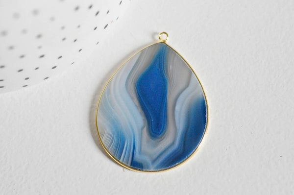 EP Pendentif goutte agate bleue rayée naturelle 41mm, x1 (G3719)