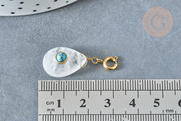 EP-Pendentif goutte amulette cristal de roche naturel acier inoxydable doré 30mm, x1 (G7631)