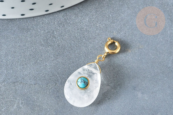 EP-Pendentif goutte amulette cristal de roche naturel acier inoxydable doré 30mm, x1 (G7631)