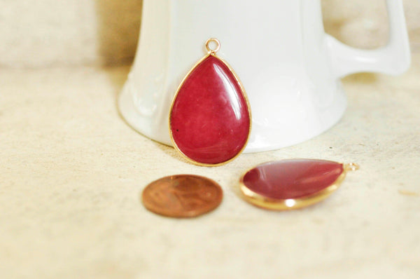 EP Pendentif goutte jade naturel bordeau doré 35mm G1349