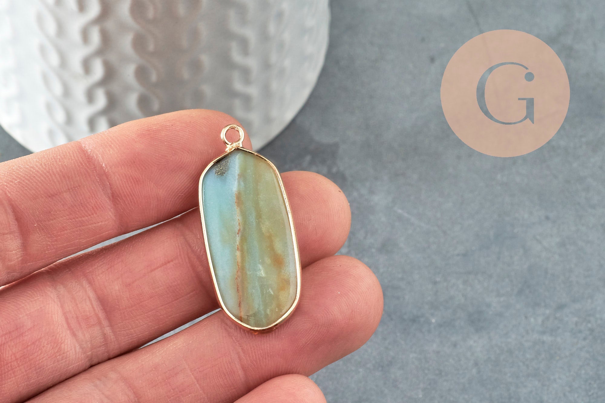 EP-Pendentif hexagone amazonite naturelle laiton doré 37mm,Pendentif bijoux pierre pour création collier, x1 G5174