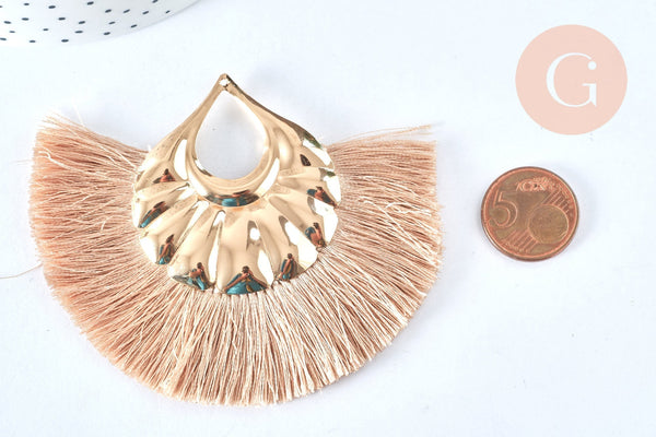 EP Pendentif large pompon fil rose beige support doré,pendentif en fil sur support doré, 85-92mm, x 2 G6839